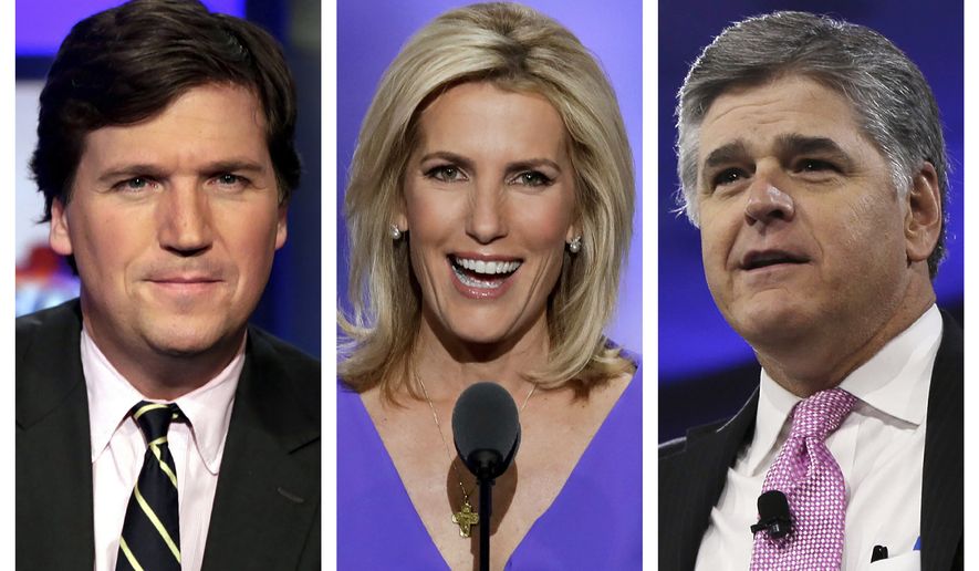 This combination of photo shows, from left, Tucker Carlson, host of &quot;Tucker Carlson Tonight,&quot; Laura Ingraham, host of &quot;The Ingraham Angle,&quot; and Sean Hannity, host of &quot;Hannity&quot; on Fox News. (AP Photo)