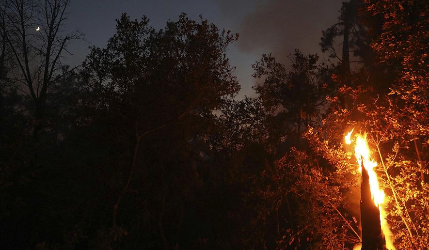 The crescent moon rises over a burning tree along Empire Grade Road in Bonny Doon Saturday night , Aug. 22, 2020 as the CZU August Lightning Complex continues to rage. (Shmuel Thaler/The Santa Cruz Sentinel via AP)