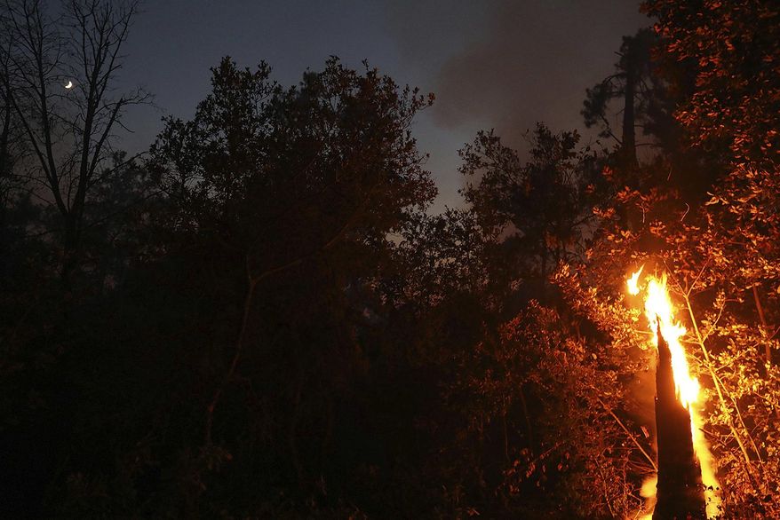 The crescent moon rises over a burning tree along Empire Grade Road in Bonny Doon Saturday night , Aug. 22, 2020 as the CZU August Lightning Complex continues to rage. (Shmuel Thaler/The Santa Cruz Sentinel via AP)