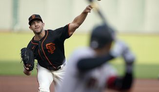 San Francisco Giants starting pitcher Tyler Anderson throws to an Arizona Diamondbacks batter during the first inning of a baseball game in San Francisco, Saturday, Aug. 22, 2020. (AP Photo/Tony Avelar)