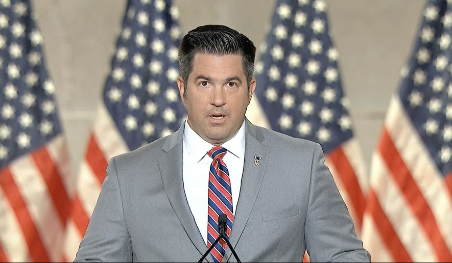 In this image from video, Sean Parnell speaks from Washington, during the first night of the Republican National Convention Monday, Aug. 24, 2020. (Courtesy of the Committee on Arrangements for the 2020 Republican National Committee via AP)