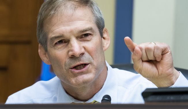 Rep. Jim Jordan, R-Ohio, questions Postmaster General Louis DeJoy during a House Oversight and Reform Committee hearing on the Postal Service on Capitol Hill, Monday, Aug. 24, 2020, in Washington. (Tom Williams/Pool via AP)