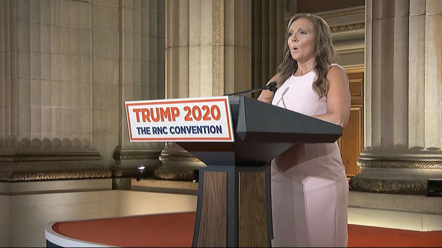 In this image from video, Amy Ford speaks from Washington, during the first night of the Republican National Convention Monday, Aug. 24, 2020. (Courtesy of the Committee on Arrangements for the 2020 Republican National Committee via AP)