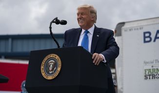President Donald Trump delivers remarks on the &quot;Farmers to Families Food Box Program&quot; at Flavor First Growers and Packers, Monday, Aug. 24, 2020, in Mills River, N.C. (AP Photo/Evan Vucci)