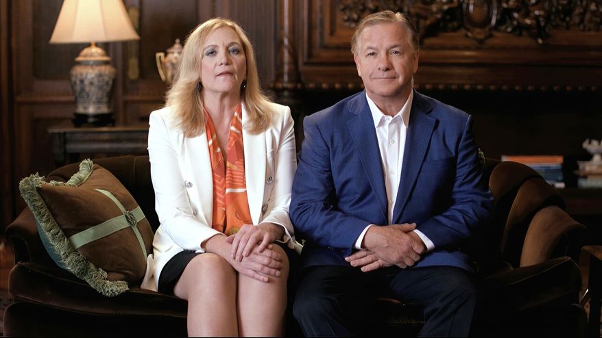 In this image from video, Mark and Patricia McCloskey speak from St. Louis, during the first night of the Republican National Convention Monday, Aug. 24, 2020. (Courtesy of the Committee on Arrangements for the 2020 Republican National Committee via AP)