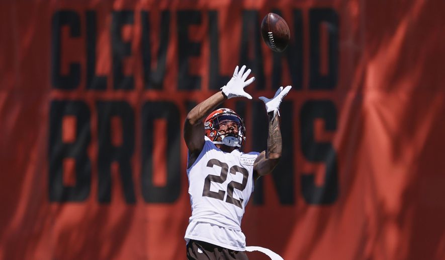 Cleveland Browns safety Grant Delpit runs through a drill during practice at the NFL football team's training facility Thursday, Aug. 20, 2020, in Berea, Ohio. (AP Photo/Ron Schwane)