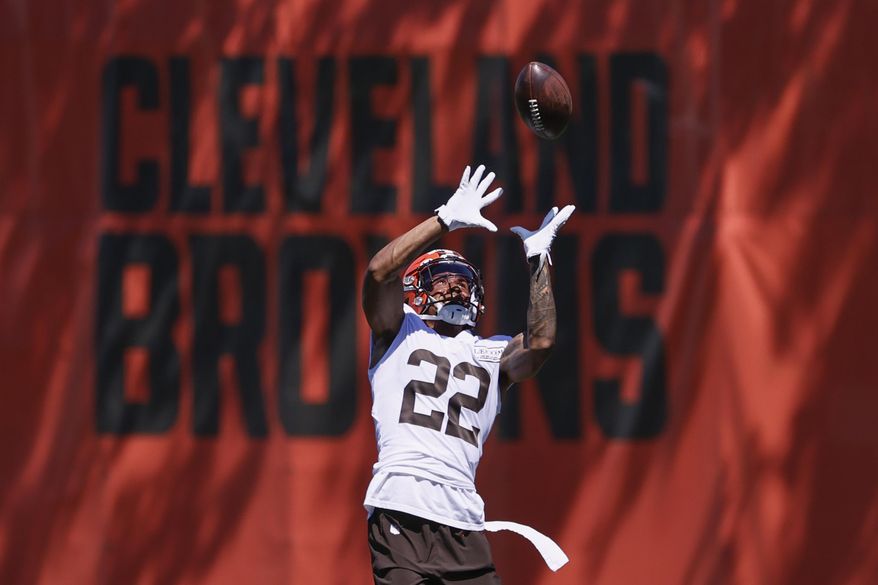 Cleveland Browns safety Grant Delpit runs through a drill during practice at the NFL football team's training facility Thursday, Aug. 20, 2020, in Berea, Ohio. (AP Photo/Ron Schwane)