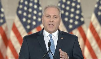 In this image from video, then-House Minority Whip Rep. Steve Scalise, R.La., speaks from Washington, during the first night of the Republican National Convention Monday, Aug. 24, 2020. (Courtesy of the Committee on Arrangements for the 2020 Republican National Committee via AP) ** FILE **