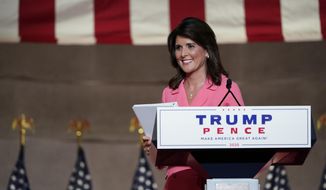 Former U.N. Ambassador Nikki Haley leaves after speaking during the Republican National Convention from the Andrew W. Mellon Auditorium in Washington, Monday, Aug. 24, 2020. (AP Photo/Susan Walsh)