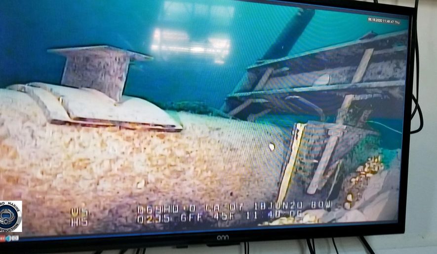FILE - This June 2020 file photo, shot from a television screen provided by the Michigan Department of Environment, Great Lakes, and Energy shows damage to anchor support EP-17-1 on the east leg of the Enbridge Line 5 pipeline within the Straits of Mackinac in Michigan. Keeping a 64-year-old oil pipeline in operation by running one portion through a proposed Great Lakes tunnel would protect Michigan jobs, supporters said Monday, Aug. 24, 2020, while opponents described the project as an environmental risk that would contribute to global warming. (Michigan Department of Environment, Great Lakes, and Energy via AP File)