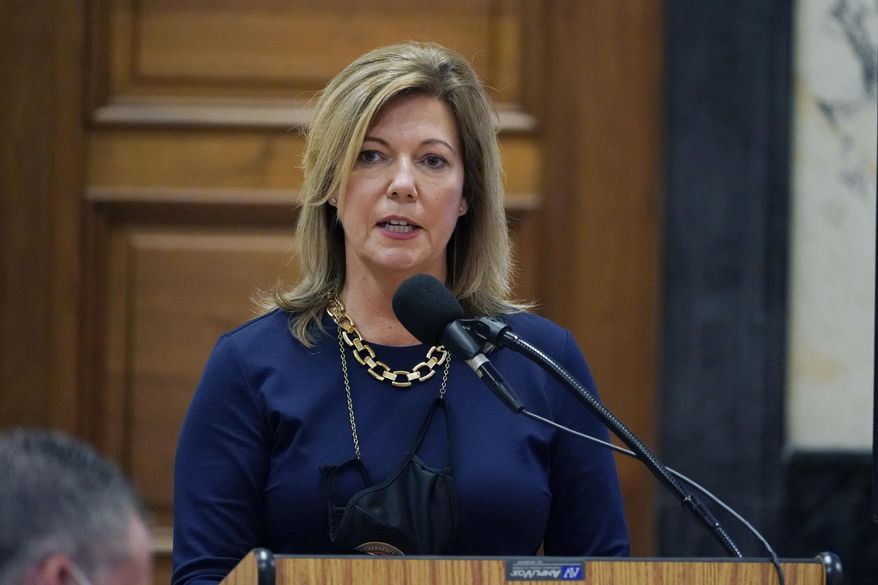 Former Republican Sen. Sally Doty of Brookhaven, speaks to lawmakers during her Senate confirmation hearing to the post of executive director of the Mississippi Public Utilities Staff, Monday, Aug. 24, 2020, at the Capitol in Jackson, Miss. Doty was confirmed. (AP Photo/Rogelio V. Solis)