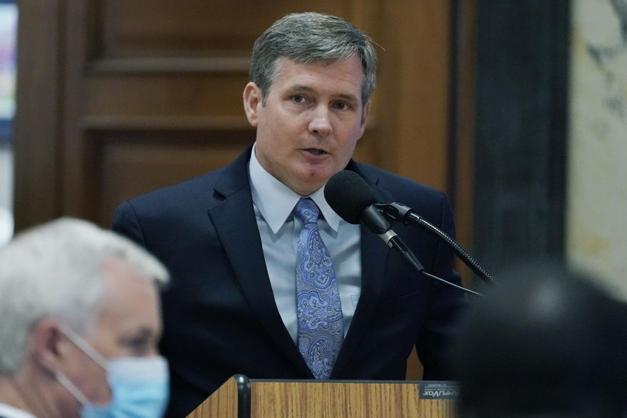 Christopher Graham outlines his experiences in state government during a Senate confirmation hearing for Commissioner of Revenue, Monday, Aug. 24, 2020, in Jackson, Miss. Graham was approved by the committee to head the Mississippi Department of Revenue. (AP Photo/Rogelio V. Solis)