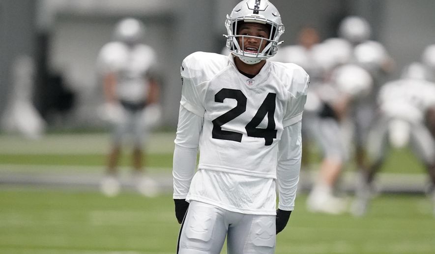 Las Vegas Raiders safety Johnathan Abram (24) attends an NFL football training camp practice Monday, Aug. 17, 2020, in Henderson. (AP Photo/John Locher, Pool)