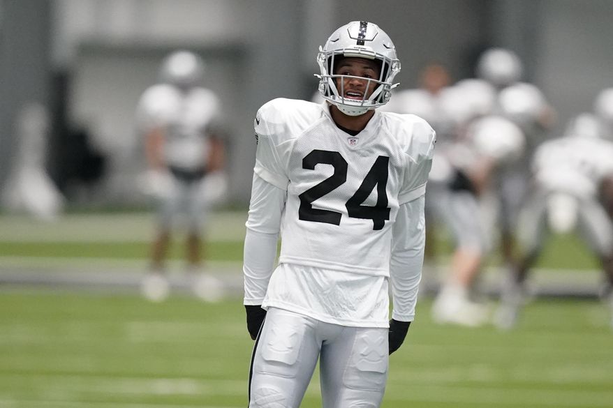 Las Vegas Raiders safety Johnathan Abram (24) attends an NFL football training camp practice Monday, Aug. 17, 2020, in Henderson. (AP Photo/John Locher, Pool)