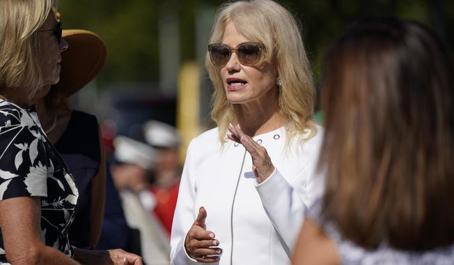 Kellyanne Conway attends an event for an exhibit of artwork by young Americans in celebration of the 100th anniversary of the 19th amendment which afforded the vote to women, in front of the White House in Washington, Monday, Aug. 24, 2020. (AP Photo/J. Scott Applewhite)