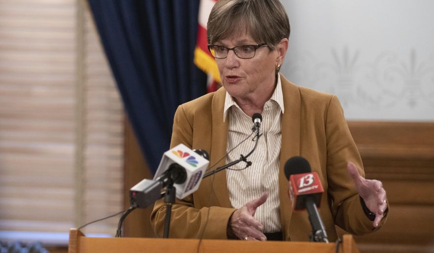 Gov. Laura Kelly talks Monday at a news conference where she announced the appointment of Carl Folsom III to the Kansas Court of Appeals and gave updates on COVID-19 in Kansas. (Evert Nelson/The Capital-Journal via AP)