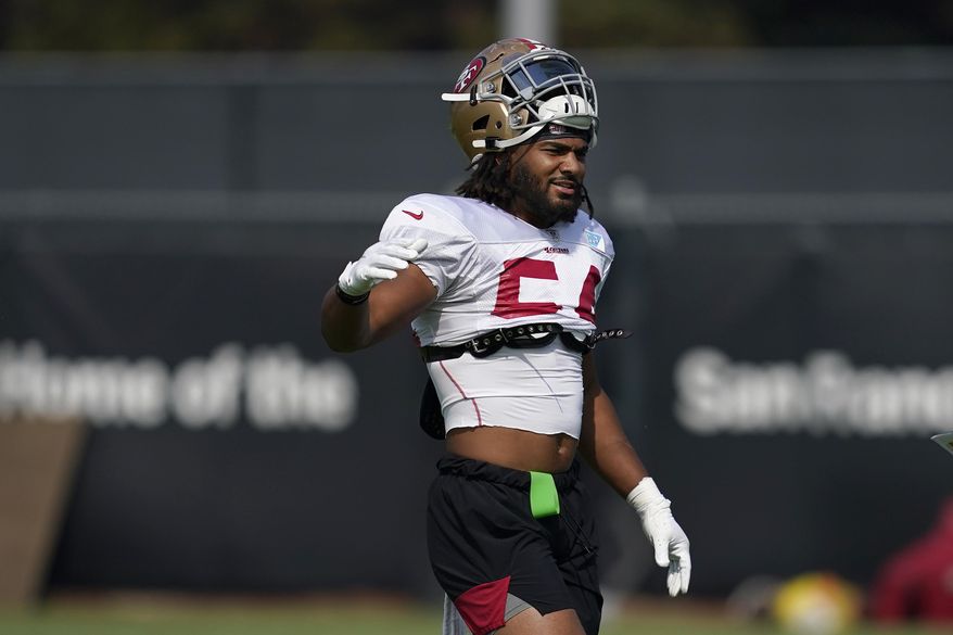 San Francisco 49ers' Fred Warner walks on the field during NFL football practice in Santa Clara, Calif., Saturday, Aug. 22, 2020. (AP Photo/Jeff Chiu, Pool)