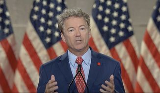 In this image from video, Sen. Rand Paul, R-Ky., speaks from Washington, during the second night of the Republican National Convention on Tuesday, Aug. 25, 2020. (Courtesy of the Committee on Arrangements for the 2020 Republican National Committee via AP)
