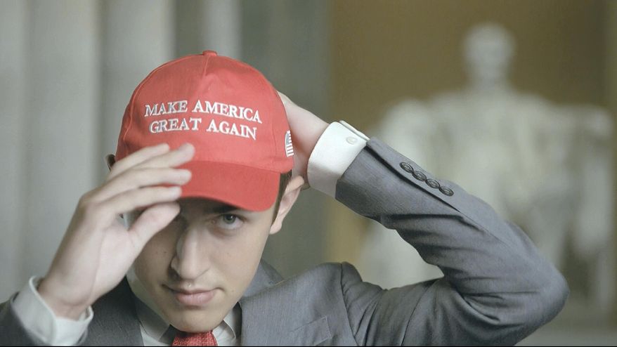 Nicholas Sandmann wears a &#39;Make America Great Again&#39; hat as speaks from Washington, during the second night of the Republican National Convention on Tuesday, Aug. 25, 2020. (Courtesy of the Committee on Arrangements for the 2020 Republican National Committee via AP)