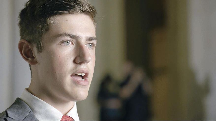 In this image from video, Nicholas Sandmann speaks from Washington, during the second night of the Republican National Convention on Tuesday, Aug. 25, 2020. (Courtesy of the Committee on Arrangements for the 2020 Republican National Committee via AP)
