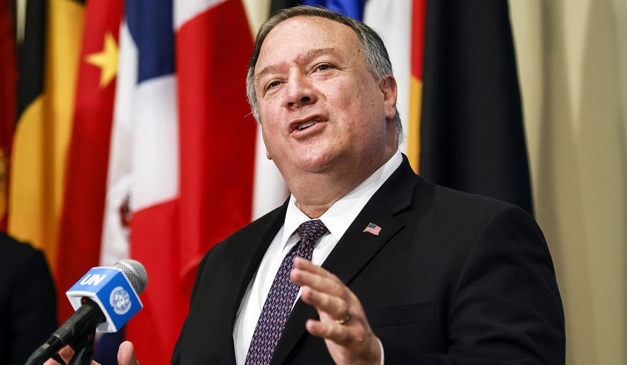 In this Thursday, Aug. 20, 2020, file photo, Secretary of State Mike Pompeo speaks to reporters following a meeting with members of the U.N. Security Council, at the United Nations. (Mike Segar/Pool via AP, File)