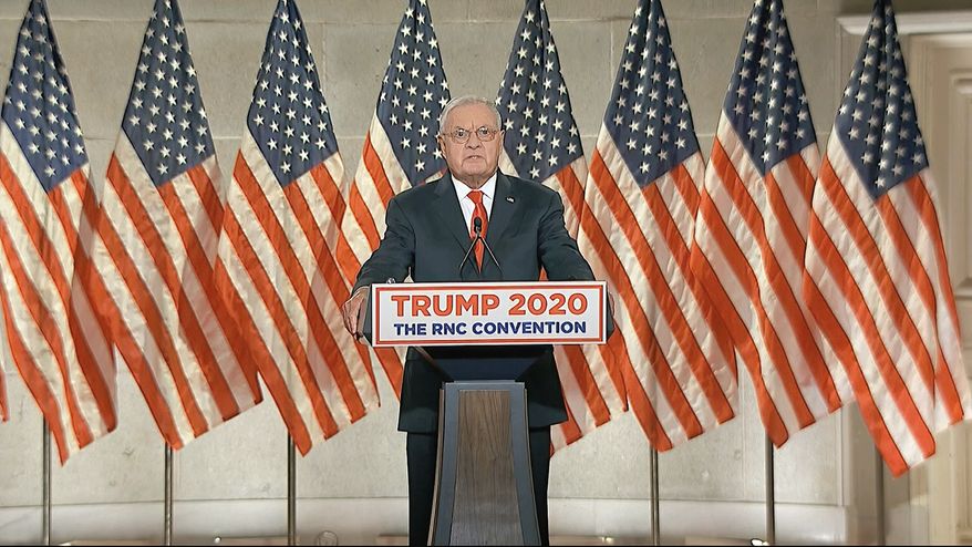 In this image from video, retired Lt. Gen. Keith Kellogg, national security adviser to Vice President Mike Pence, speaks from Washington, during the third night of the Republican National Convention on Wednesday, Aug. 26, 2020.. (Courtesy of the Committee on Arrangements for the 2020 Republican National Committee via AP)