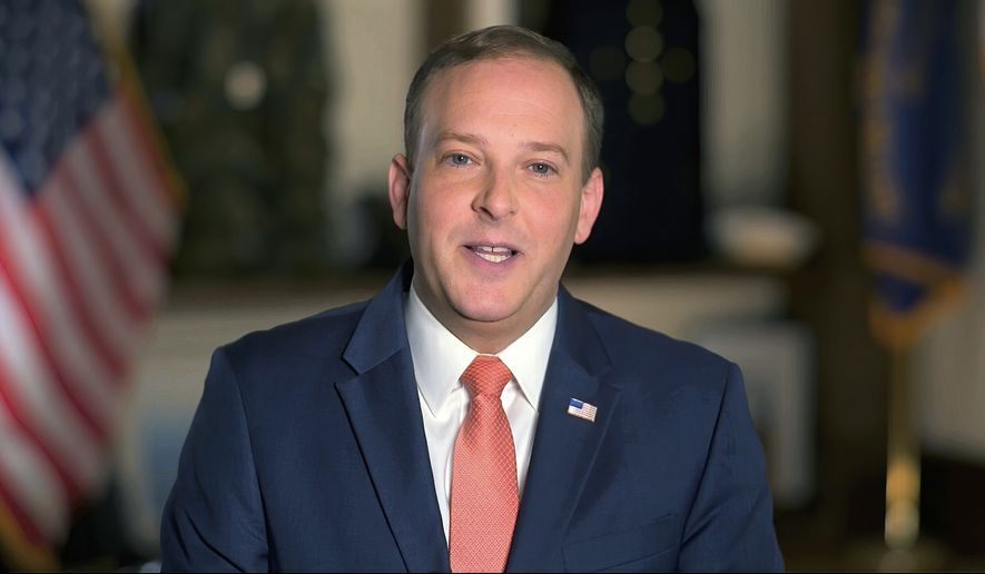 In this image from video, Rep. Lee Zeldin, R-N.Y., speaks from Washington, during the third night of the Republican National Convention on Wednesday, Aug. 26, 2020.(Courtesy of the Committee on Arrangements for the 2020 Republican National Committee via AP)