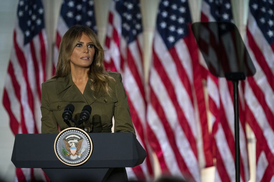 First lady Melania Trump speaks to the 2020 Republican National Convention from the Rose Garden of the White House, Tuesday, Aug. 25, 2020, in Washington. (AP Photo/Evan Vucci)