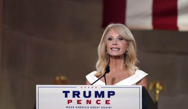 White House counselor Kellyanne Conway tapes her speech for the third day of the Republican National Convention from the Andrew W. Mellon Auditorium in Washington, Wednesday, Aug. 26, 2020. (AP Photo/Susan Walsh) ** FILE **