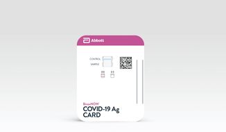 This image provided by Abbott Laboratories in August 2020 shows the company&#39;s BinaxNOW rapid COVID-19 nasal swab test. The Food and Drug Administration on Wednesday, Aug. 26, 2020, authorized BinaxNOW, the first rapid coronavirus test that doesn’t need any special computer equipment to get results.  (Abbott Laboratories via AP)