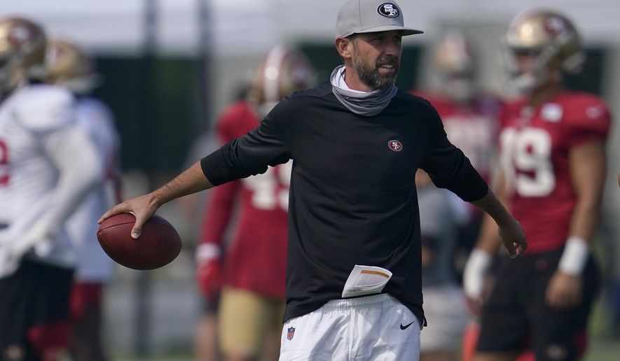 San Francisco 49ers head coach Kyle Shanahan watches during NFL football practice in Santa Clara, Calif., Saturday, Aug. 22, 2020. (AP Photo/Jeff Chiu, Pool)