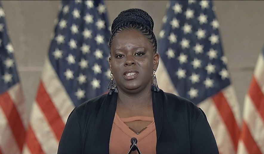 In this image from video, Stacia Brightmon speaks from Washington, during the fourth night of the Republican National Convention on Thursday, Aug. 27, 2020. (Courtesy of the Committee on Arrangements for the 2020 Republican National Committee via AP)