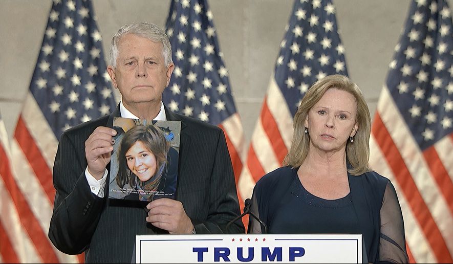 In this image from video, Carl and Marsha Mueller, parents of aid worker Kayla Mueller who was killed by the Islamic State, speaks from Washington, during the fourth night of the Republican National Convention on Thursday, Aug. 27, 2020. (Courtesy of the Committee on Arrangements for the 2020 Republican National Committee via AP)
