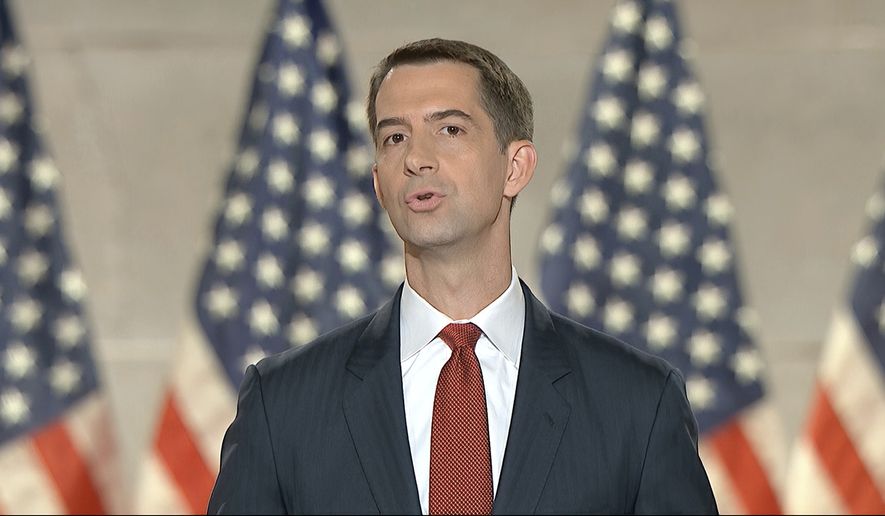 In this image from video, Sen. Tom Cotton, R-Ark., speaks from Washington, during the fourth night of the Republican National Convention on Thursday, Aug. 27, 2020. (Courtesy of the Committee on Arrangements for the 2020 Republican National Committee via AP)