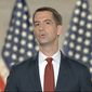In this image from video, Sen. Tom Cotton, R-Ark., speaks from Washington, during the fourth night of the Republican National Convention on Thursday, Aug. 27, 2020. (Courtesy of the Committee on Arrangements for the 2020 Republican National Committee via AP)