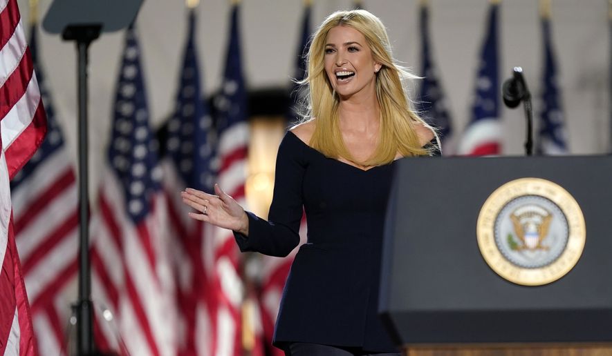 Ivanka Trump arrives to introduce President Donald Trump from the South Lawn of the White House on the fourth day of the Republican National Convention, Thursday, Aug. 27, 2020, in Washington. (AP Photo/Evan Vucci)