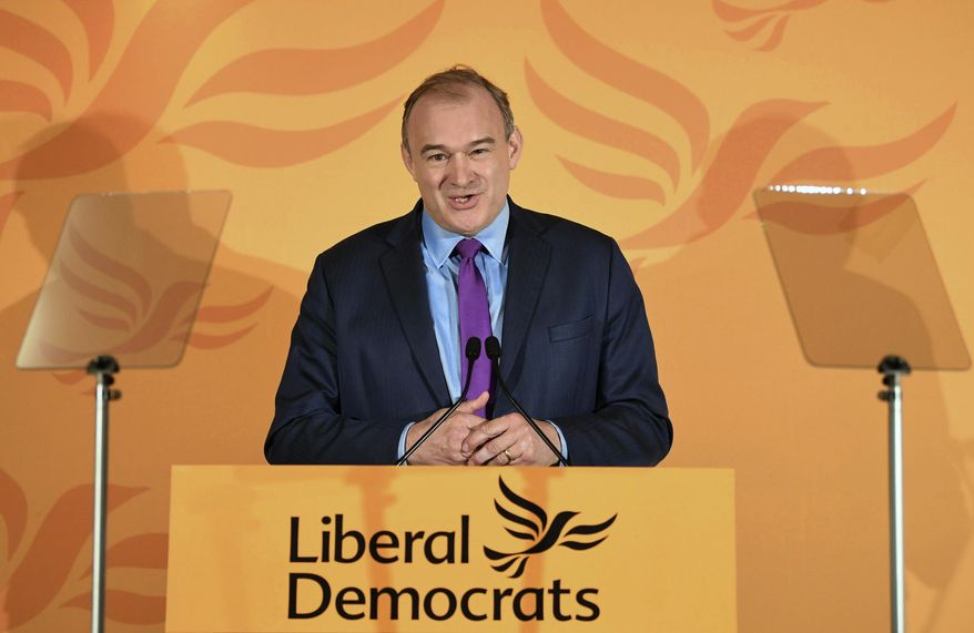 Ed Davey speaks after he was elected as the leader of the Liberal Democrats party, in London Thursday Aug. 27, 2020. The left-of-center Liberal Democrats' acting leader, Ed Davey, comfortably defeated challenger Layla Moran in a campaign that was mostly conducted online because of the coronavirus pandemic.(Stefan Rousseau/PA via AP)