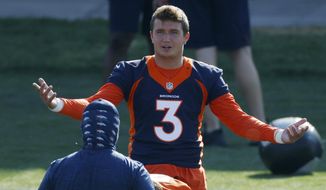 Denver Broncos quarterback Drew Lock takes part in drills during NFL football practice at the team&#39;s headquarters Wednesday, Aug. 19, 2020, in Englewood, Colo. (AP Photo/David Zalubowski)