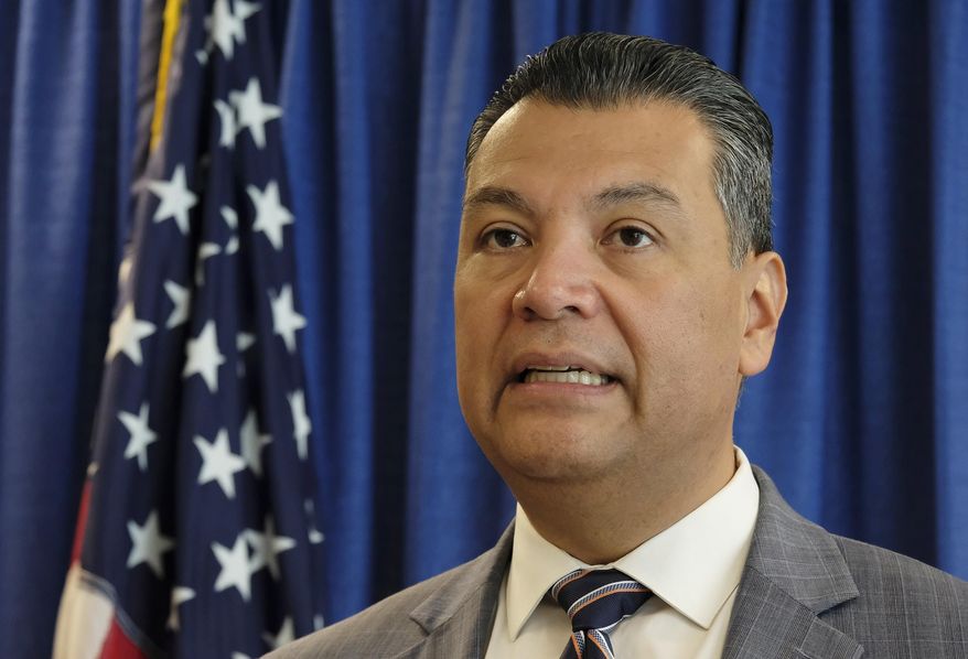 CORRECTS SPELLING TO KNICKERBOCKER , NOT KNICKBOCKER - FILE - In this Nov. 2, 2018, file photo, California Secretary of State Alex Padilla speaks in San Francisco. California's secretary of state has signed a $35 million contract for voter education with a firm linked to Joe Biden's presidential campaign. The contract with SKD Knickerbocker, a Washington, D.C.-based public affairs firm, will help run the "Vote Safe California" campaign aimed at making sure people vote during the pandemic. Anita Dunn, the firm's managing director, is a senior strategist for Biden's presidential campaign. The state budget gave Padilla's office $111 million for efforts related to voting during the pandemic. The contract, signed on Aug. 13, was first reported by the Sacramento Bee. (AP Photo/Eric Risberg, File)