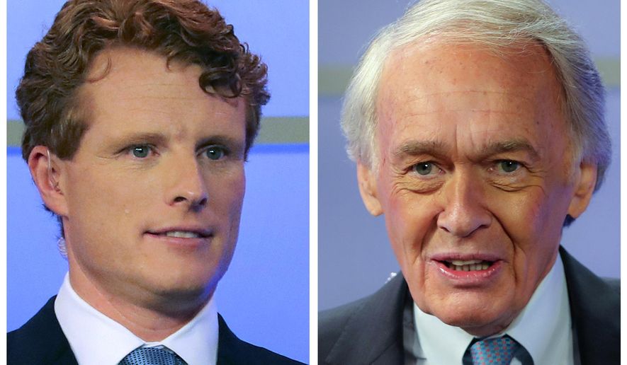 In this pair of June 1, 2020, file photos, Rep. Joe Kennedy III, left, and Sen. Edward Markey, D-Mass., right, wait for the start of a debate in Springfield, Mass. Kennedy is a candidate and Markey is the incumbent in the Sept. 1 Democratic primary election for Senate. (Matthew J. Lee/The Boston Globe via AP, Pool, File)