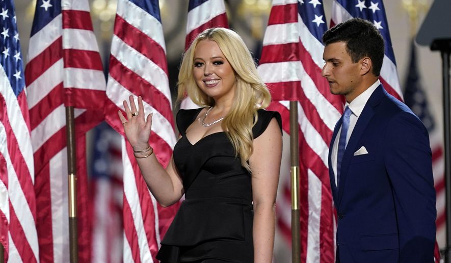 Tiffany Trump and her boyfriend Michael Boulos arrive before President Donald Trump speaks from the South Lawn of the White House on the fourth day of the Republican National Convention, Thursday, Aug. 27, 2020, in Washington. (AP Photo/Evan Vucci)