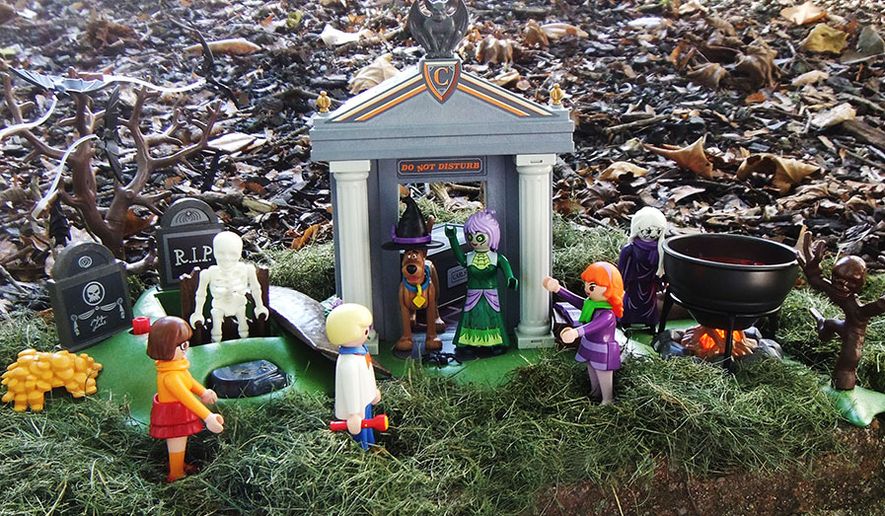 Combine Playmobil&#39;s Adventure in the Cemetery and Adventure in the Witch&#39;s Cauldron playsets for some spooky Scooby-Doo shenanigans featuring the villains Ghost Girl and Zeb Perkins. (Photograph by Joseph Szadkowski / The Washington Times)