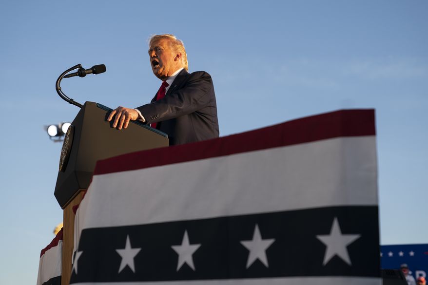 President Donald Trump speaks during a campaign rally, Friday, Aug. 28, 2020, in Londonderry, N.H. (AP Photo/Evan Vucci)