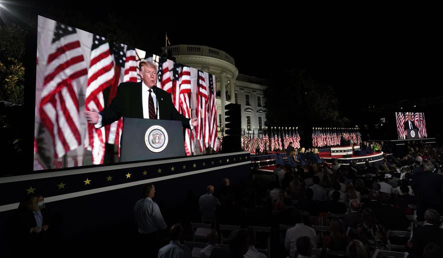 President Donald Trump speaks from the South Lawn of the White House on the fourth day of the Republican National Convention, Thursday, Aug. 27, 2020, in Washington. (AP Photo/Alex Brandon)