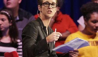 FILE - In this Friday, Nov. 6, 2015, file photo, MSNBC&#39;s Rachel Maddow speaks during a Democratic presidential candidate forum at Winthrop University in Rock Hill, S.C. MSNBC mounted an aggressive on-air fact-checking operation during the Republican national convention, often breaking in to its telecast to question some of the claims made from the stage. Both Maddow and CNN&#39;s Daniel Dale aired “lightning-round” fact-checks following President Donald Trump&#39;s acceptance speech on Thursday night. The frequency of pre-taped speeches enabled MSNBC to call in experts to help with its fact-checking. (AP Photo/Chuck Burton, File)