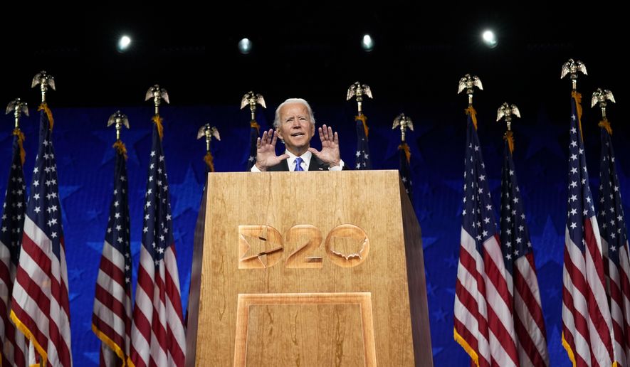 Democratic presidential candidate former Vice President Joe Biden speaks during the fourth day of the Democratic National Convention, Thursday, Aug. 20, 2020, at the Chase Center in Wilmington, Del. (AP Photo/Andrew Harnik)