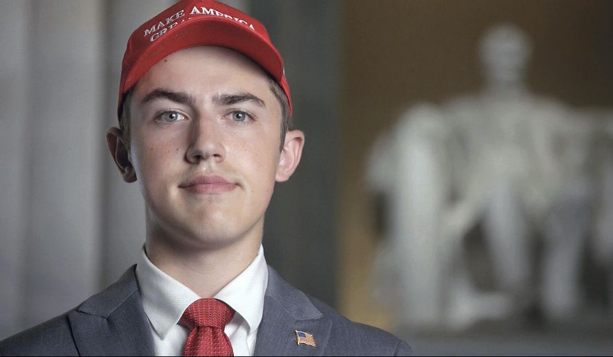 In this Tuesday, Aug. 25, 2020, image from video provided by the RNC, Nicholas Sandmann wears a &quot;Make America Great Again&quot; hat as he speaks from Washington, during the second night of the Republican National Convention. (Committee on Arrangements for the 2020 Republican National Committee via AP) ** FILE **
