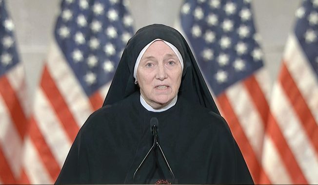 In this image from video, Sister Deirdre Byrne speaks from Washington, during the third night of the Republican National Convention on Wednesday, Aug. 26, 2020. Sister Byrne filed a federal lawsuit against the District of Columbia on March 9, 2022, seeking to overturn the jurisdiction&#x27;s vaccine mandate for medical workers. (Courtesy of the Committee on Arrangements for the 2020 Republican National Committee via AP, File)