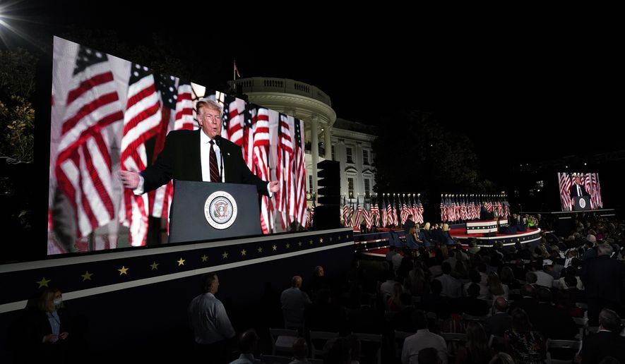 President Donald Trump speaks from the South Lawn of the White House on the fourth day of the Republican National Convention, Thursday, Aug. 27, 2020, in Washington. (AP Photo/Alex Brandon) ** FILE **