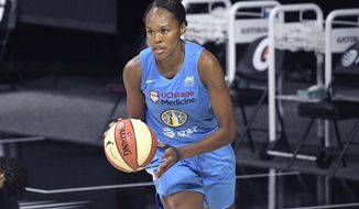 FILE - In this Tuesday, Aug. 18, 2020, file photo, Chicago Sky forward Azura Stevens pushes the ball up the court during the first half of a WNBA basketball game against the Las Vegas Aces in Bradenton, Fla. Sky players Azura Stevens and Diamond DeShields have left the WNBA bubble, according to a person familiar with the situation. Stevens is out for the season with an injury in her left knee. DeShields left for personal reasons. The person spoke to The Associated Press on Saturday, Aug. 29, 2020, on condition of anonymity because no announcement has been made. (AP Photo/Phelan M. Ebenhack, File)